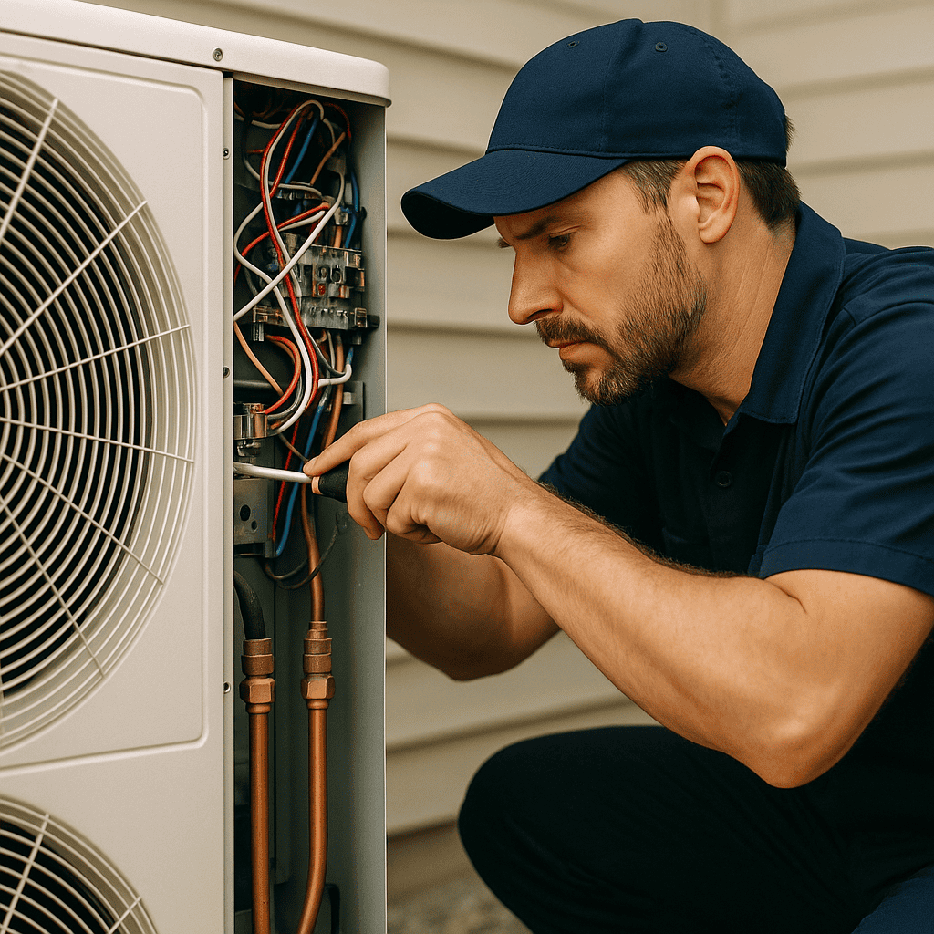 Experienced HVAC technician working on outdoor unit wiring.